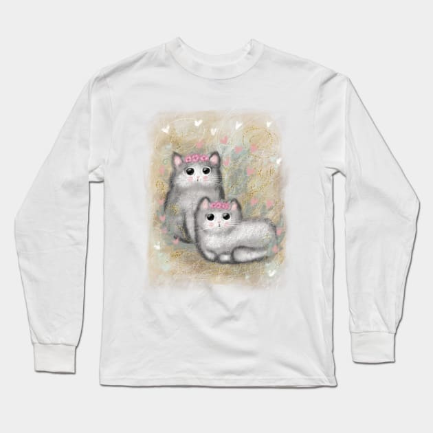 Cute colorful illustrations in retro style. Beautiful fluffy kitties with pink flowers around their head. Long Sleeve T-Shirt by Olena Tyshchenko